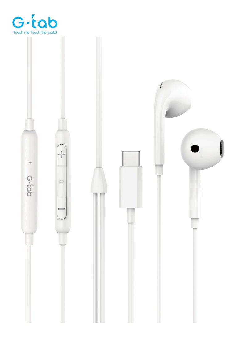 G-Tab - G-Tab GEC01, High Quality Audio, 1.2 M Long, Microphone & Volume Control, Type C Connector Stereo Wired Earphone for Laptop/iPhone/Android Phone/Samsung - Image 1