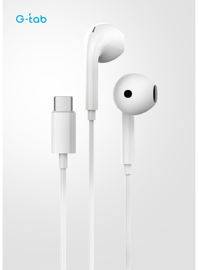 G-Tab Type-C Stereo Wired Earphones, 1.2m Cable with Microphone and Volume Control, USB-C Earphone for Android, Samsung, iPhone, Laptop and Tablet - Image 1