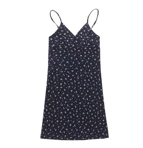Summer 2024 V-Neck Floral Slip Dress Skirt 8-Black Flower 