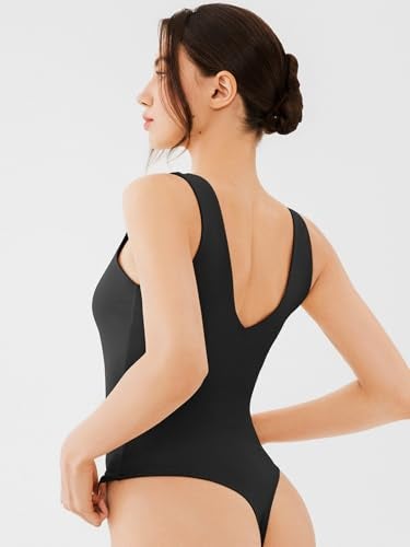 REORIA Womens Bodysuits Sexy Deep V Neck Backless Sleeveless Double Lined Slim Tank Thong Body Suits Summer Going Out Tops Concert Outfits Fashion Trendy 2025 Black Medium - Image 5
