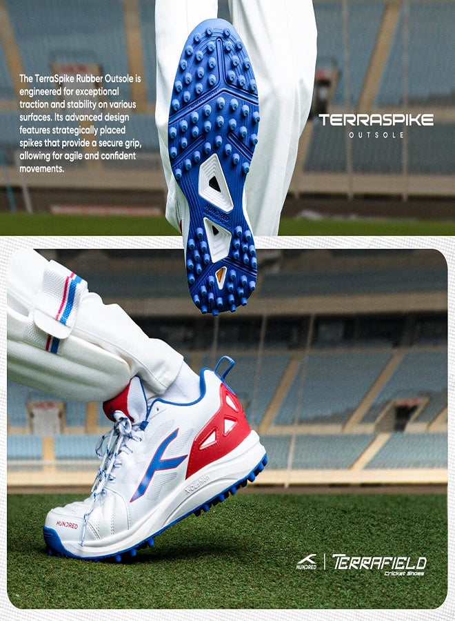 HUNDRED Terrafield Cricket Shoes | Terraspike Rubber Studs | Embedded Support Plate For Stability | Lightweight & Durable | Ideal For Turf, Ground & Hard Surfaces (White/Blue/Red ; Uk 7) - Image 4