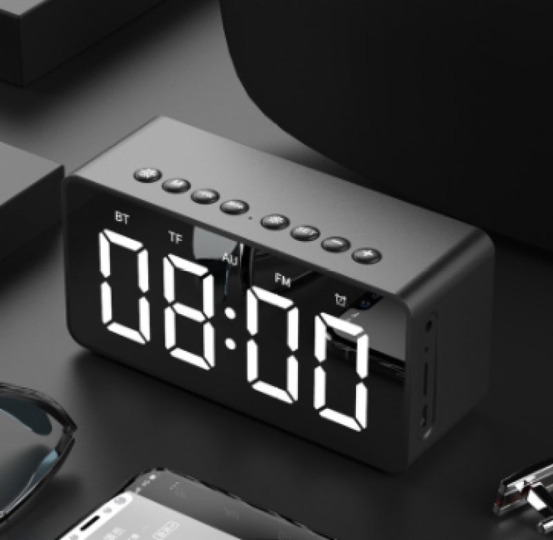Bluetooth Speaker: Black Dual Unit Wireless Speaker - 4D Heavy Bass Sound, 1600mAh Rechargeable Battery For 6H Playback, Clear Mirror LED Clock For Home & Daily Use - Image 1