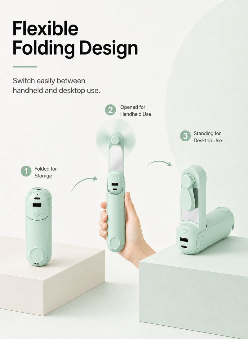 5 in 1 Rechargeable Handheld Mini Fan, Foldable Portable Fan with Power Bank Function, Mirror, Flashlight, 3 Adjustable Speeds, Compact Design for Outdoor, Travel, Office Use - Image 4