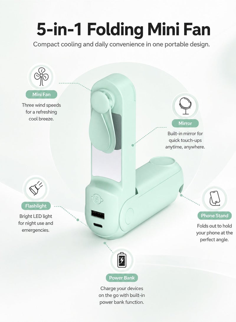 5 in 1 Rechargeable Handheld Mini Fan, Foldable Portable Fan with Power Bank Function, Mirror, Flashlight, 3 Adjustable Speeds, Compact Design for Outdoor, Travel, Office Use - Image 2