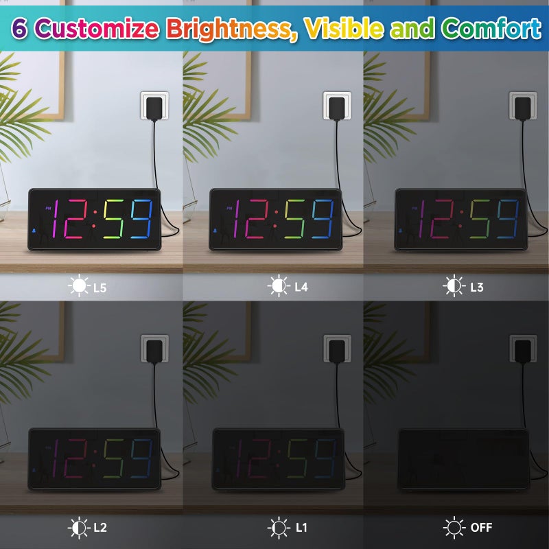 Peakeep Digital Alarm Clock for Bedroom Bedside, Extra Loud for Heavy Sleepers Adults, Large RGB Color Changing Colorful LED Big Numbers, Battery Backup Plug in Electric Clock with USB Charger - Image 4