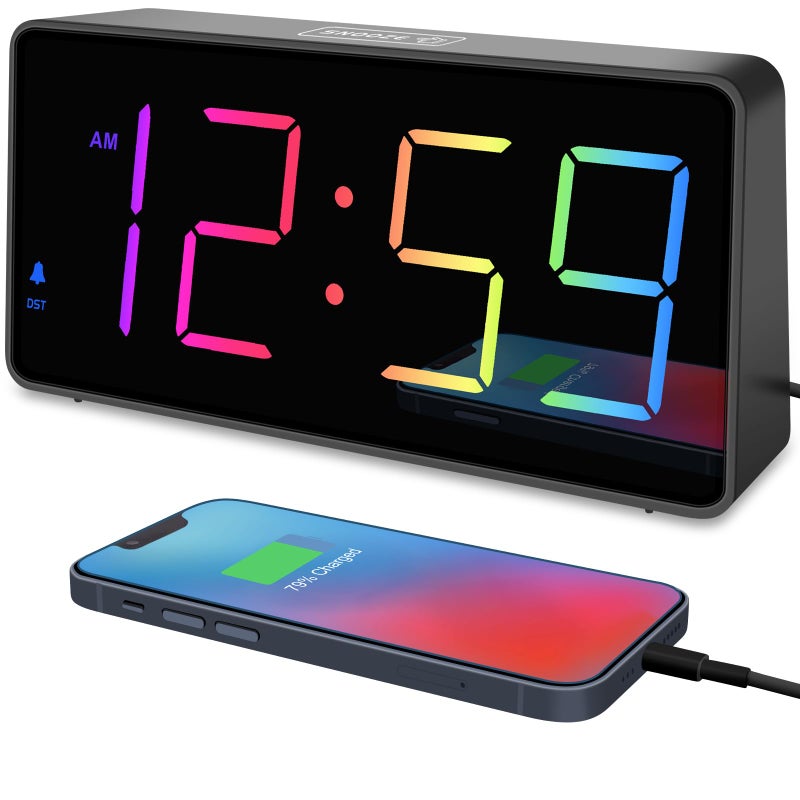 Peakeep Digital Alarm Clock for Bedroom Bedside, Extra Loud for Heavy Sleepers Adults, Large RGB Color Changing Colorful LED Big Numbers, Battery Backup Plug in Electric Clock with USB Charger - Image 1