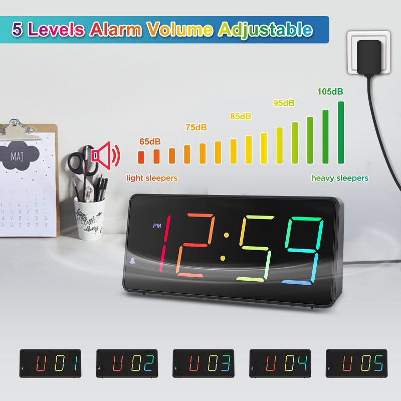 Peakeep Digital Alarm Clock for Bedroom Bedside, Extra Loud for Heavy Sleepers Adults, Large RGB Color Changing Colorful LED Big Numbers, Battery Backup Plug in Electric Clock with USB Charger - Image 5