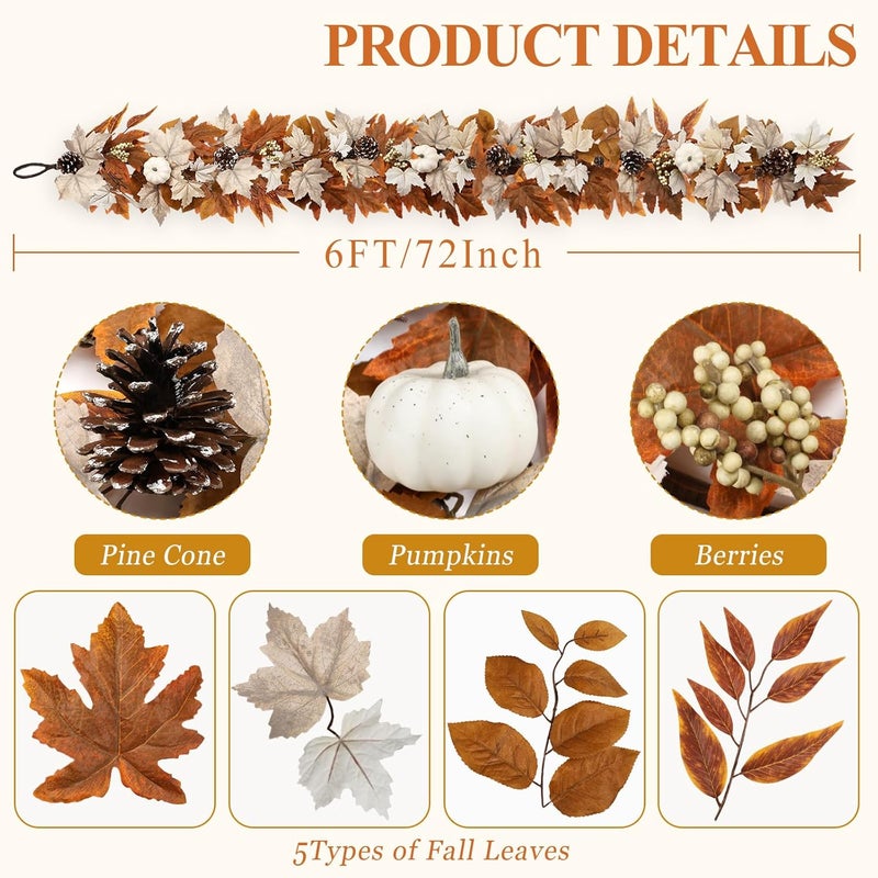 RHTRJ 6 FT Fall Garland with Lights Automatic ON/Off Fall Leaves Mantle Garland with Pumpkins Berries Pinecones Outdoor Thanksgiving Christmas Autumn Centerpiece Decorations for Home Door Fireplace Porch - Image 3