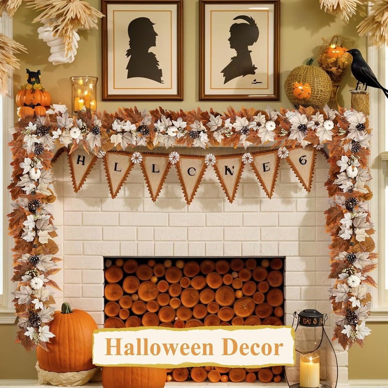 RHTRJ 6 FT Fall Garland with Lights Automatic ON/Off Fall Leaves Mantle Garland with Pumpkins Berries Pinecones Outdoor Thanksgiving Christmas Autumn Centerpiece Decorations for Home Door Fireplace Porch - Image 5