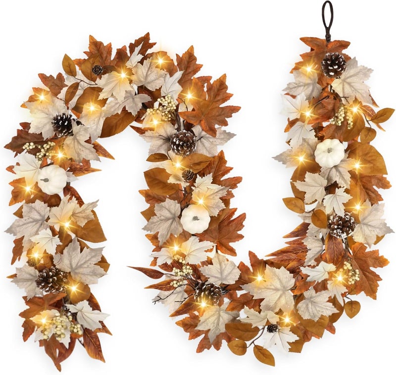 RHTRJ 6 FT Fall Garland with Lights Automatic ON/Off Fall Leaves Mantle Garland with Pumpkins Berries Pinecones Outdoor Thanksgiving Christmas Autumn Centerpiece Decorations for Home Door Fireplace Porch - Image 1