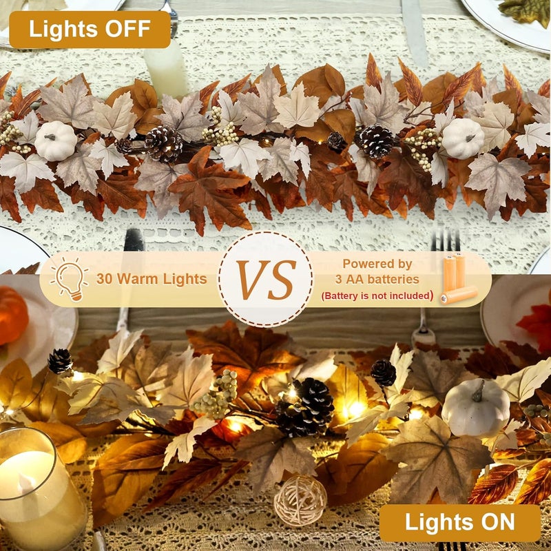 RHTRJ 6 FT Fall Garland with Lights Automatic ON/Off Fall Leaves Mantle Garland with Pumpkins Berries Pinecones Outdoor Thanksgiving Christmas Autumn Centerpiece Decorations for Home Door Fireplace Porch - Image 4