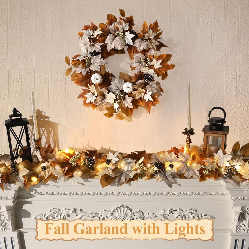 RHTRJ 6 FT Fall Garland with Lights Automatic ON/Off Fall Leaves Mantle Garland with Pumpkins Berries Pinecones Outdoor Thanksgiving Christmas Autumn Centerpiece Decorations for Home Door Fireplace Porch - Image 2