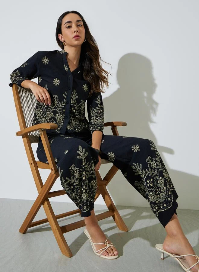 Styli Black Embroidered Shirt and Pants Co-ord Set