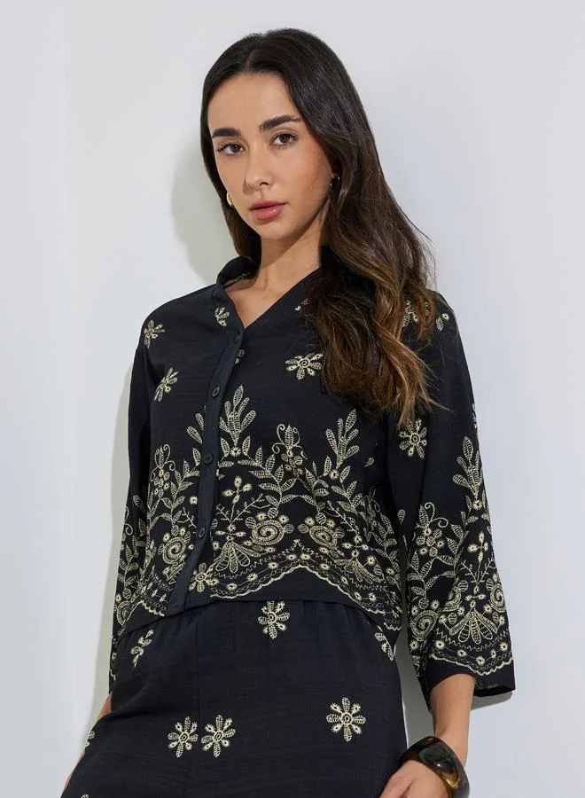 Styli Black Embroidered Shirt and Pants Co-ord Set