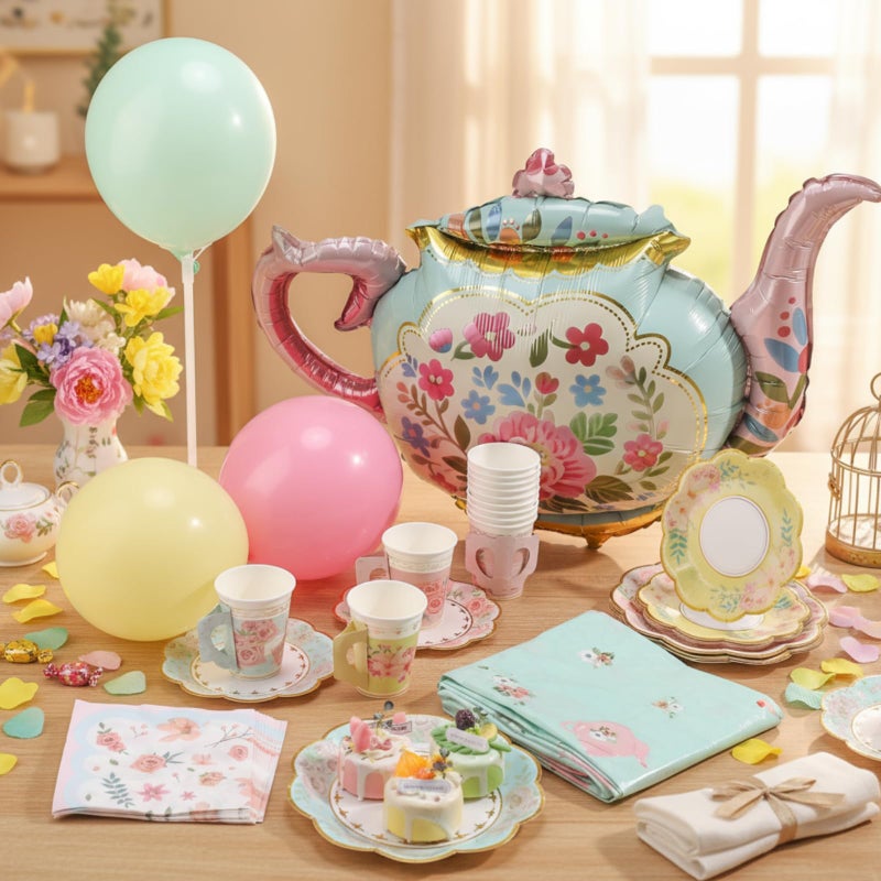 FoldTier 222 Pcs Tea Party Decorations and Supplies for 24 Guests, Floral Disposable 7" and 9" Paper Plates, Paper Cups, Napkins, Tablecloths, Balloons for Floral Birthday Party Wedding Baby Shower - Image 2
