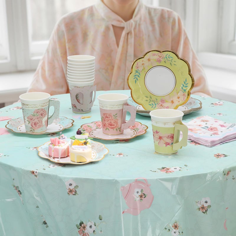 FoldTier 222 Pcs Tea Party Decorations and Supplies for 24 Guests, Floral Disposable 7" and 9" Paper Plates, Paper Cups, Napkins, Tablecloths, Balloons for Floral Birthday Party Wedding Baby Shower - Image 4