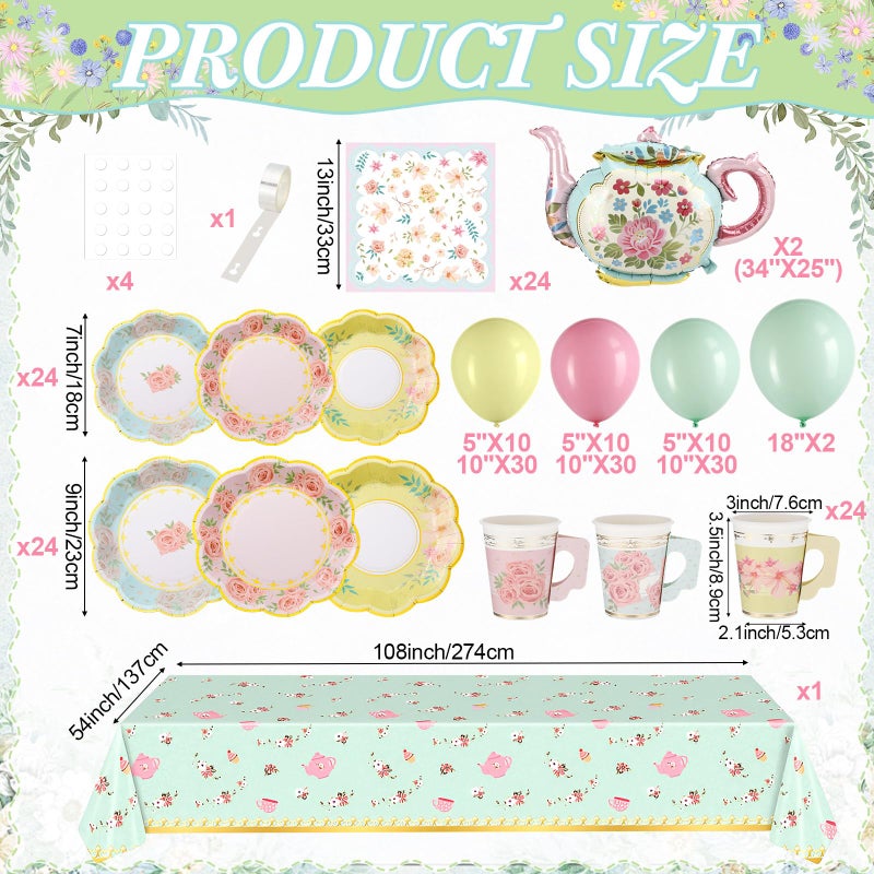 FoldTier 222 Pcs Tea Party Decorations and Supplies for 24 Guests, Floral Disposable 7" and 9" Paper Plates, Paper Cups, Napkins, Tablecloths, Balloons for Floral Birthday Party Wedding Baby Shower - Image 3