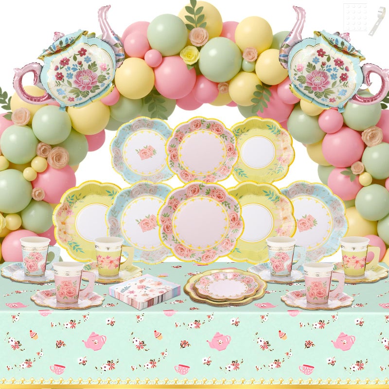 FoldTier 222 Pcs Tea Party Decorations and Supplies for 24 Guests, Floral Disposable 7" and 9" Paper Plates, Paper Cups, Napkins, Tablecloths, Balloons for Floral Birthday Party Wedding Baby Shower - Image 1