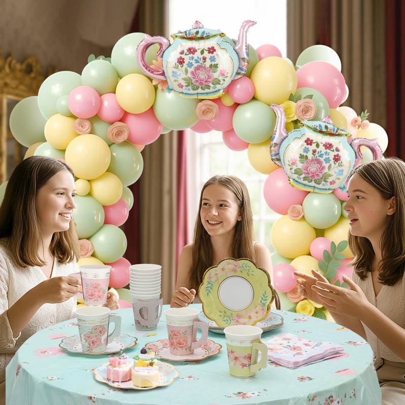 FoldTier 222 Pcs Tea Party Decorations and Supplies for 24 Guests, Floral Disposable 7" and 9" Paper Plates, Paper Cups, Napkins, Tablecloths, Balloons for Floral Birthday Party Wedding Baby Shower - Image 5