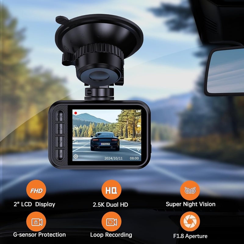 E-YEEGER Dash Cam Front and Rear, 2.5K Dual Dash Camera for Cars, 2560P Mini Car Camera, 2 inch IPS Screen, WDR Night Vision, 24 Hours Parking Monitor, G-Sensor, Support 256 GB Max - Image 2