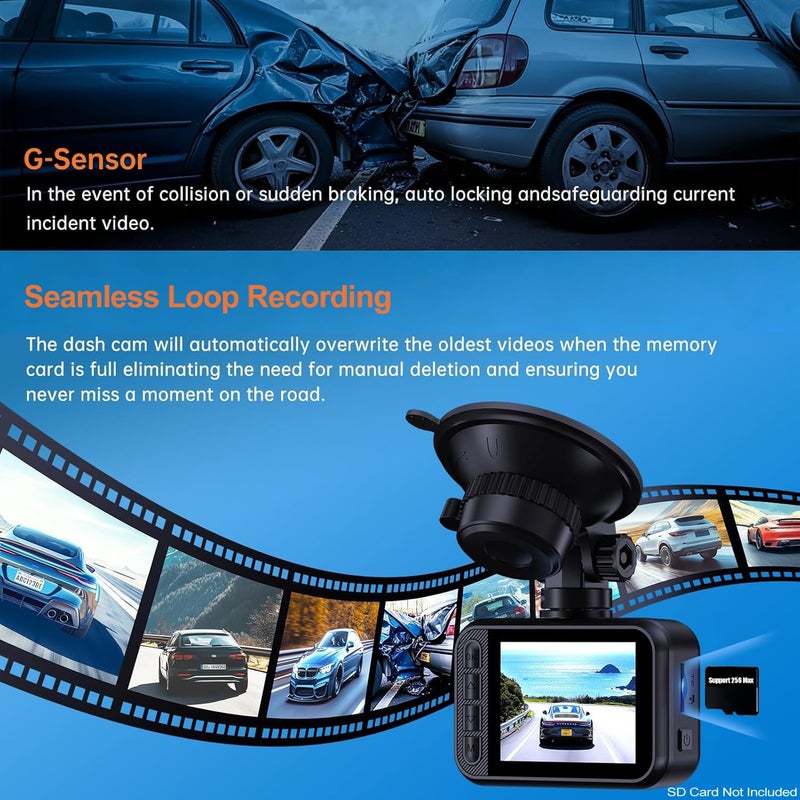 E-YEEGER Dash Cam Front and Rear, 2.5K Dual Dash Camera for Cars, 2560P Mini Car Camera, 2 inch IPS Screen, WDR Night Vision, 24 Hours Parking Monitor, G-Sensor, Support 256 GB Max - Image 5
