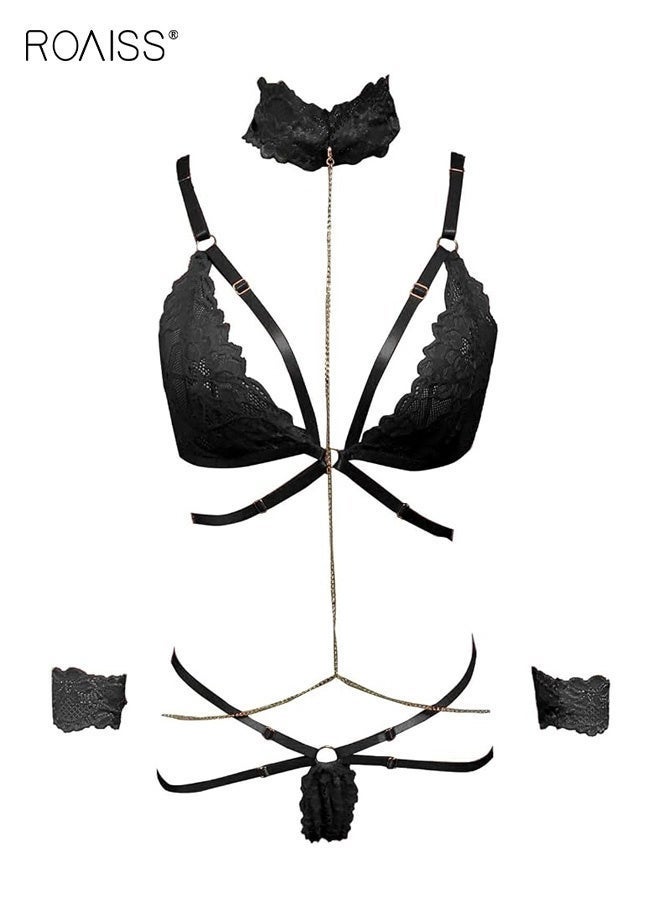 roaiss Women's Underwear Women's Lace Splicing Suit Chain Decoration Split Underwear - Image 1