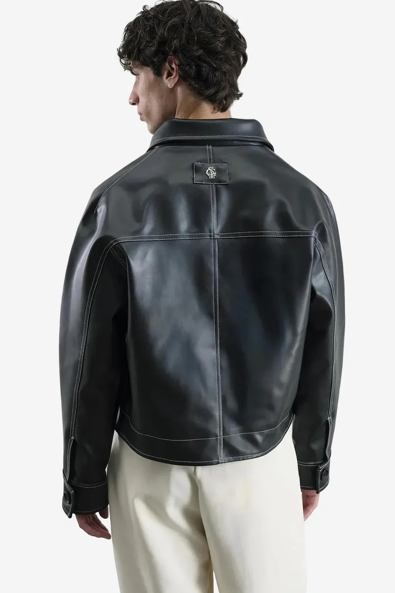 Giesto Black Cropped Faux Leather Button-Front Jacket with Shirt Collar for Men | Best Price UAE