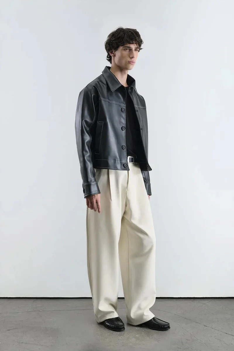 جيستو Cropped Faux Leather Button-Front Jacket with Shirt Collar