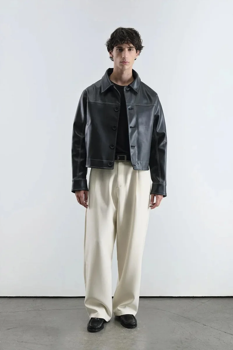 جيستو Cropped Faux Leather Button-Front Jacket with Shirt Collar