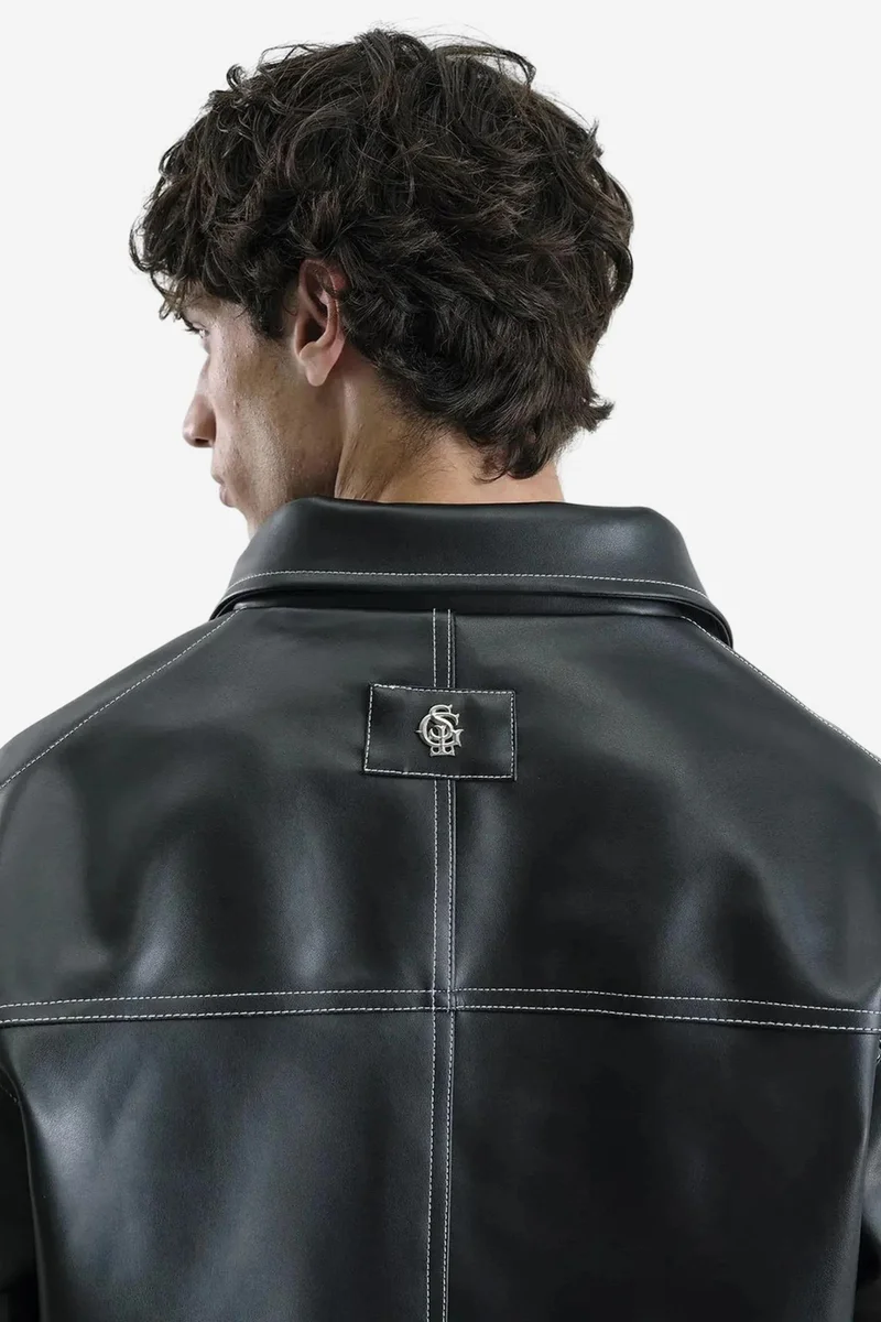 Giesto Black Cropped Faux Leather Button-Front Jacket with Shirt Collar for Men | Best Price UAE