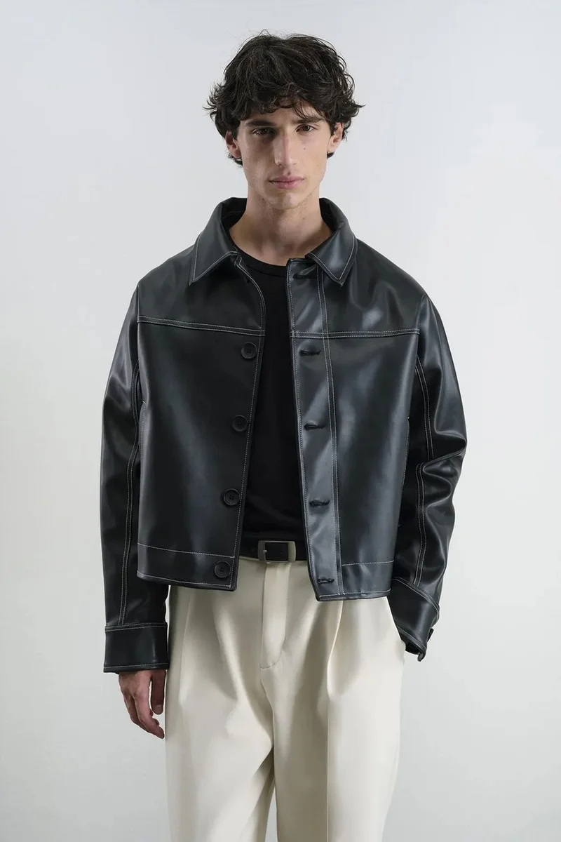 Giesto Black Cropped Faux Leather Button-Front Jacket with Shirt Collar for Men | Best Price UAE