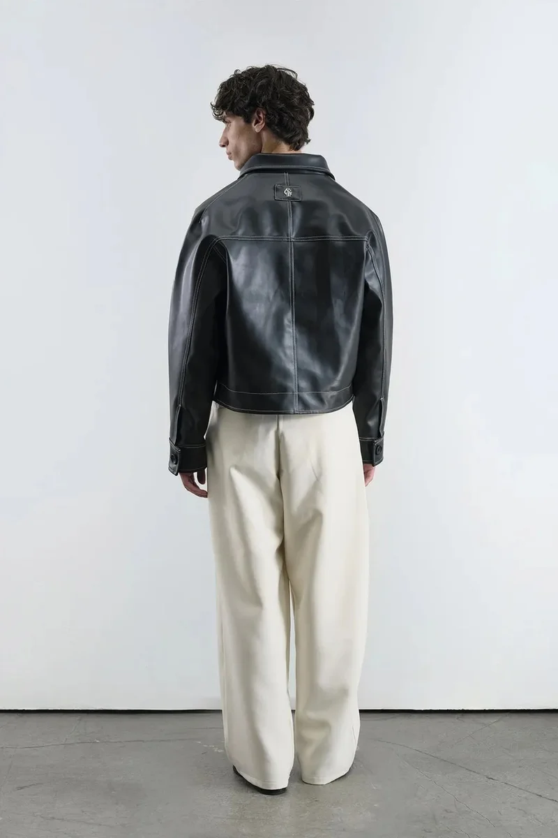 Giesto Black Cropped Faux Leather Button-Front Jacket with Shirt Collar for Men | Best Price UAE