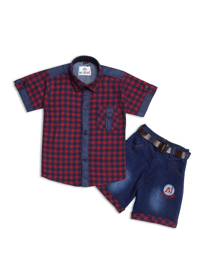 Kidling Kidling Kids Half Sleeve Checkered Shirt Shorts Set For Boys (K-3038-RED-24) (Cotton) - Image 1