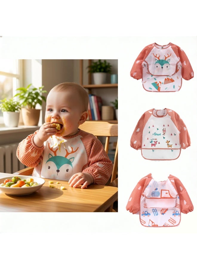 CESETH 3-Piece Baby Waterproof Long-Sleeved Bib, Made Of Food-Grade Material, Easy To Clean Baby Feeding Bib, Baby Waterproof Long-Sleeved Eating Bib, Dirt-Proof And Oil-Proof, Easy To Wash (Machine Washable), Suitable For Children Aged 6 Months - 3 Years. Best-Selling Product. With A Waterproof Long-Sleeved Bib Designed With Cartoon Animal Patterns. - Image 1