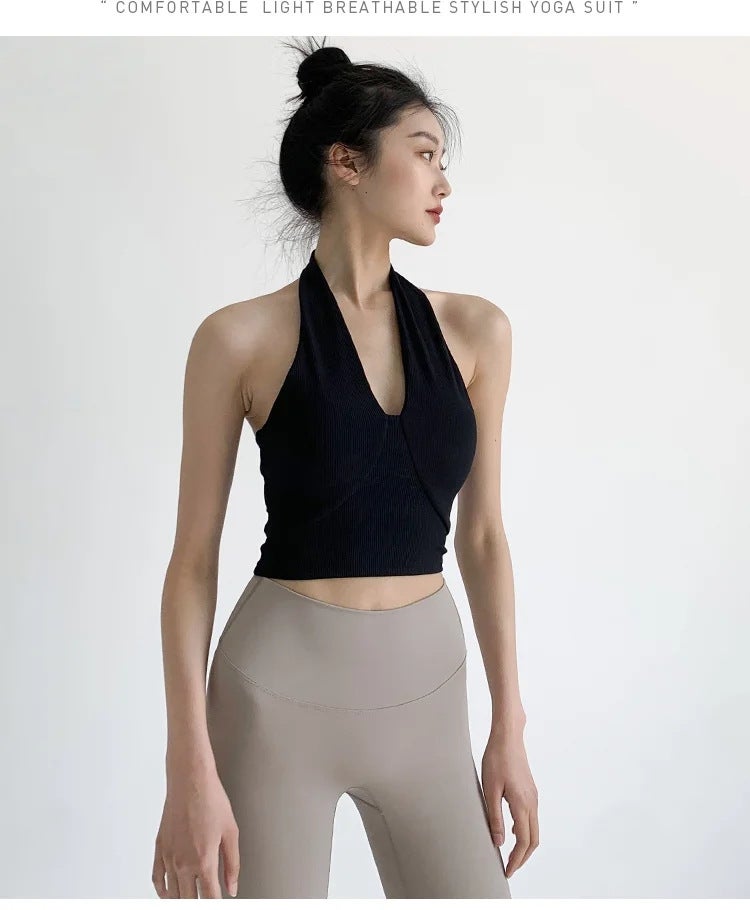 Generic Summer Halter Neck Yoga Crop Top with Pads xz#A526 Black 