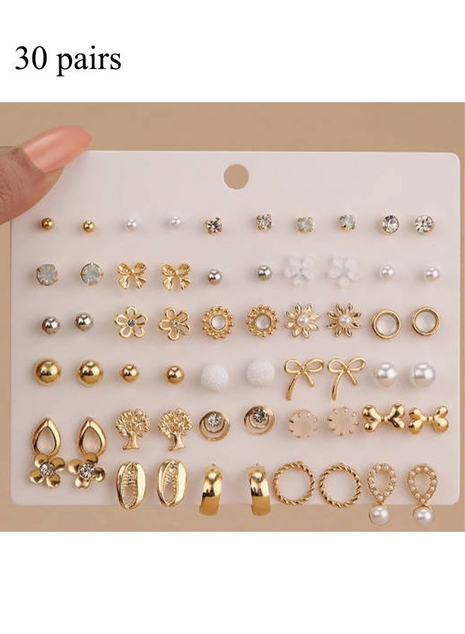 YJ Large Set of Earrings with Different Designs, Heart and Flower Studs, 60 Pieces - Image 1
