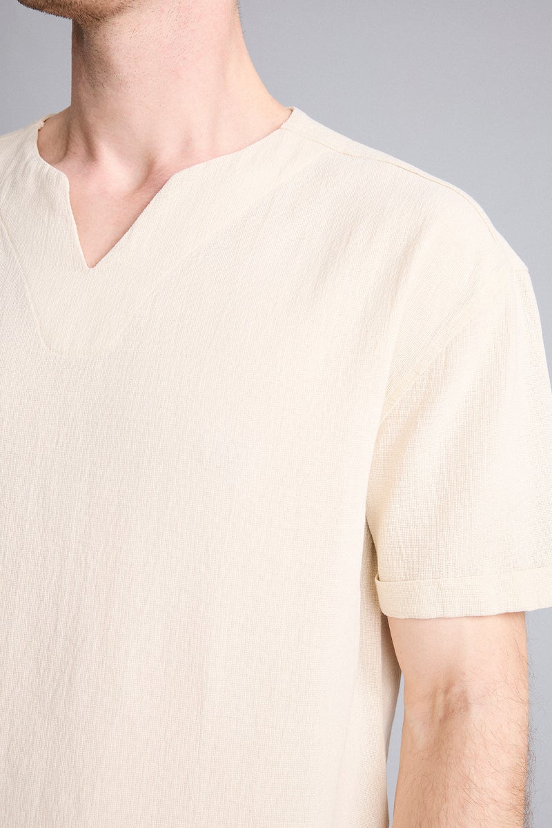 DeFacto Beige Man Regular Fit V-Neck Cotton Short Sleeve Shirt Casual - Image 4