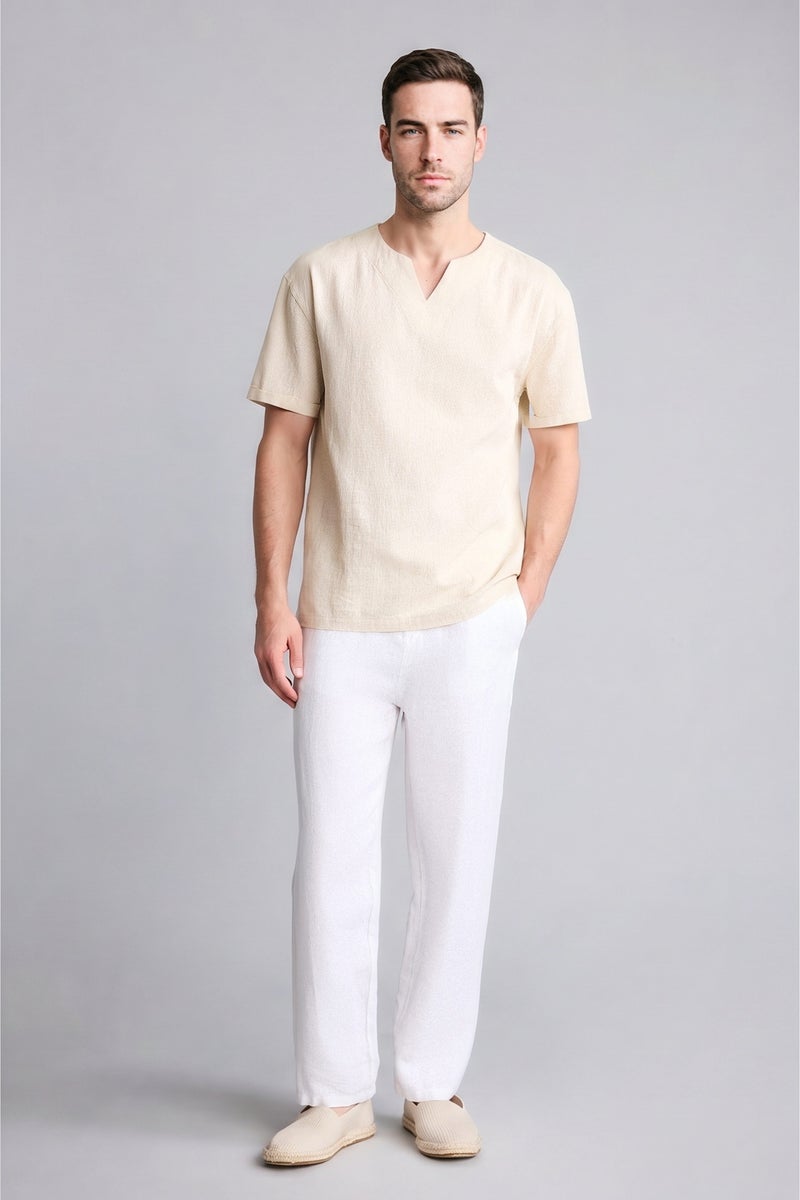 DeFacto Beige Man Regular Fit V-Neck Cotton Short Sleeve Shirt Casual - Image 2