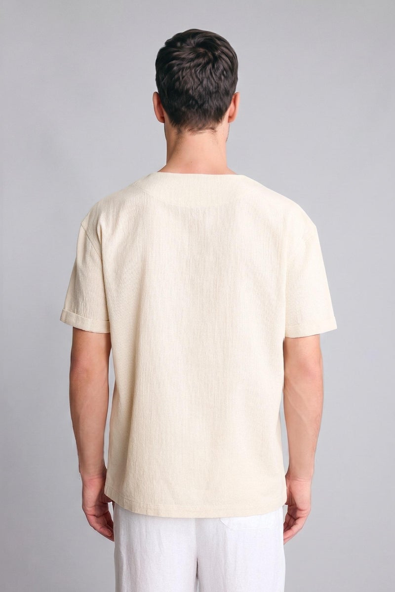 DeFacto Beige Man Regular Fit V-Neck Cotton Short Sleeve Shirt Casual - Image 5