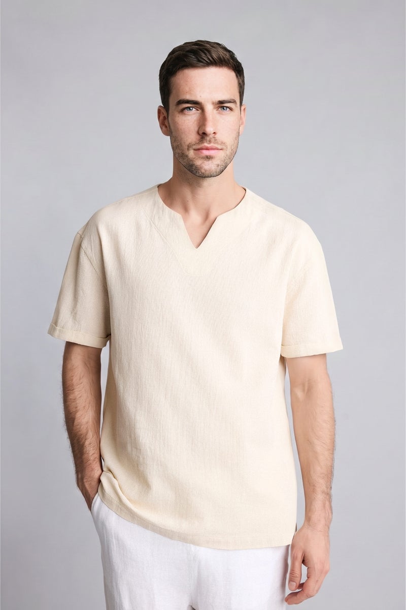 DeFacto Beige Man Regular Fit V-Neck Cotton Short Sleeve Shirt Casual - Image 3