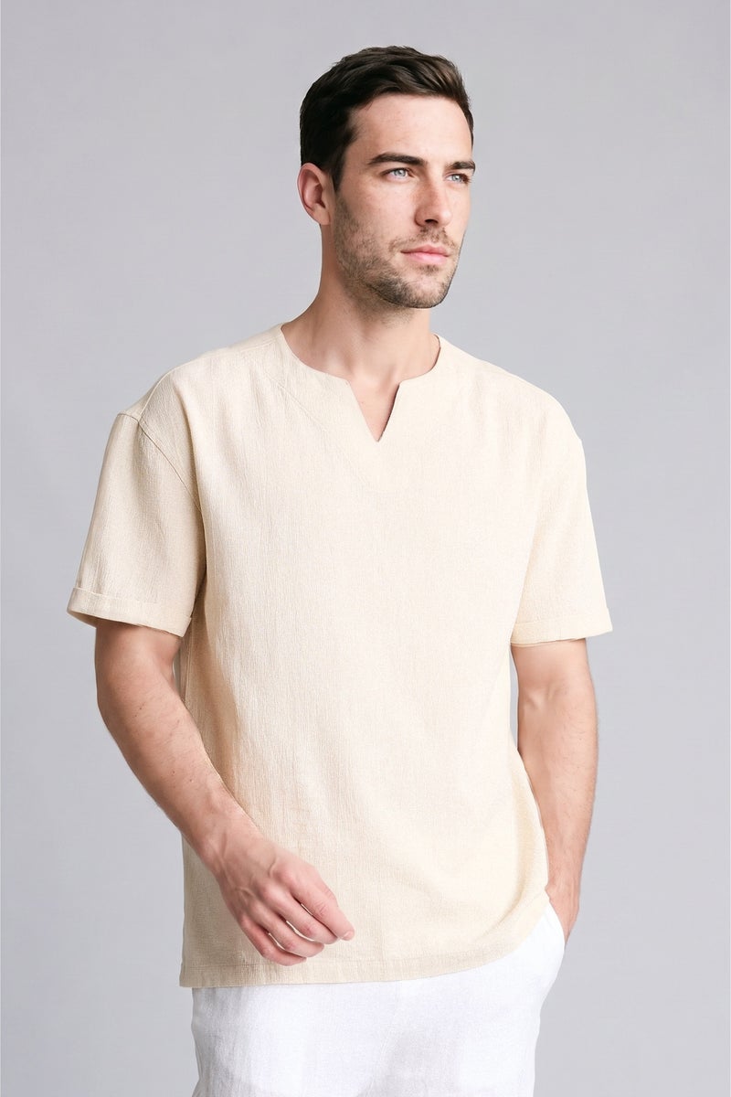DeFacto Beige Man Regular Fit V-Neck Cotton Short Sleeve Shirt Casual - Image 1
