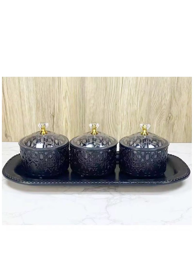 Ramadan Black Metal Snack Dessert Tray  Ramadan Eid Party Home Tableware Decoration 3 Trays and 1 Plate Per Set - Image 1