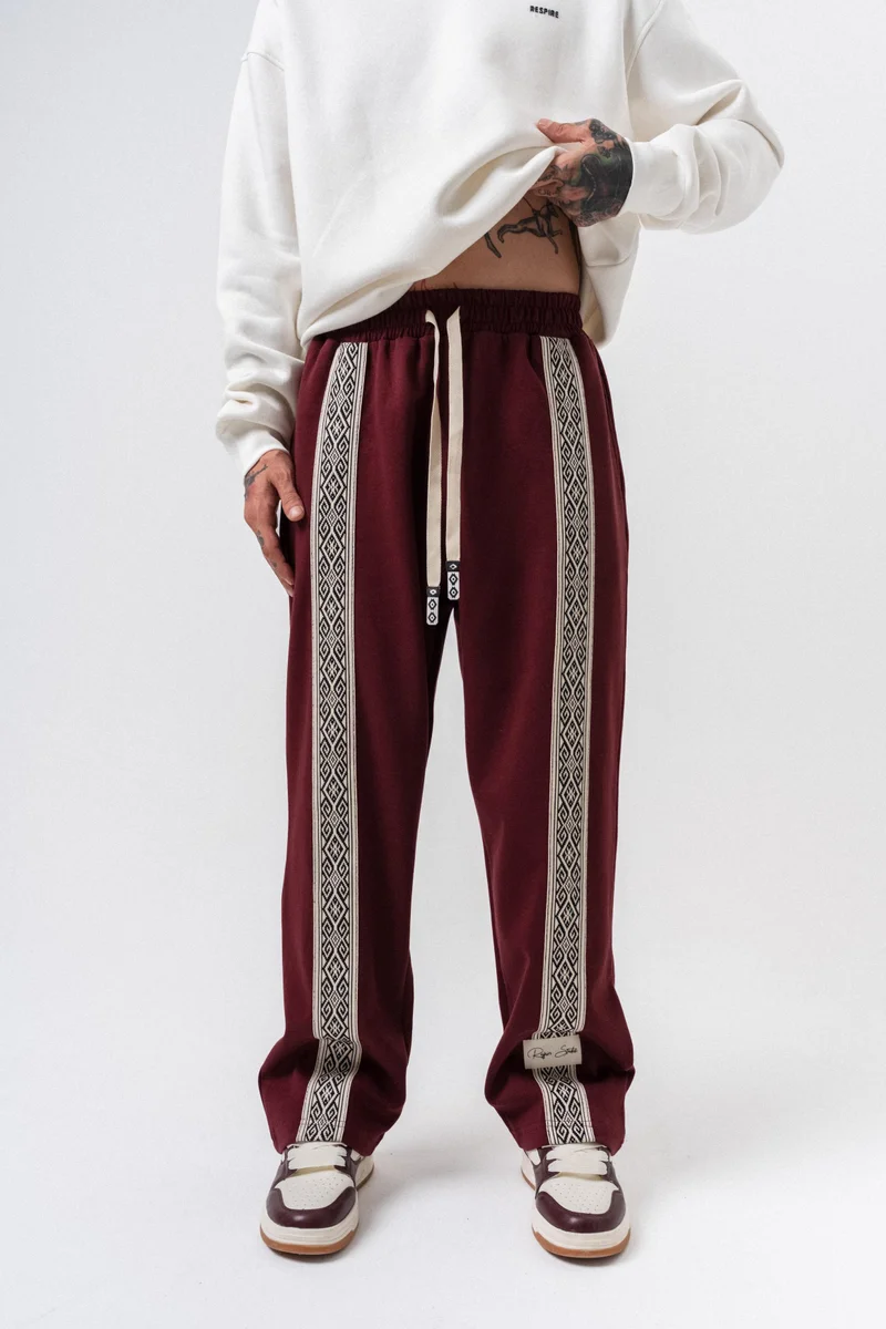 RESPIRE Men’s Ethnic Striped Winter Doubleface Baggy Sweatpants Burgundy