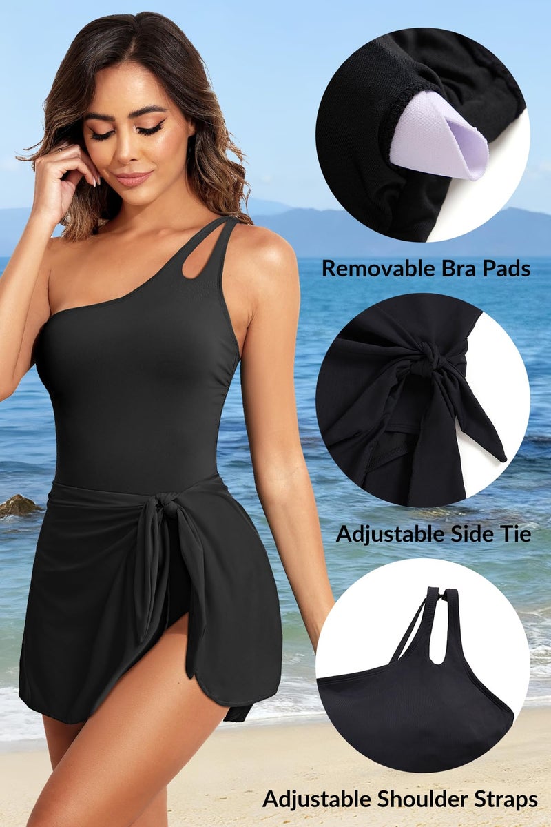 Daci One Piece Swim Dress - Women One Shoulder Tummy Control Swimsuit with Skirt 2025 Skirted Bathing Suit Swimdress Black M - Image 4
