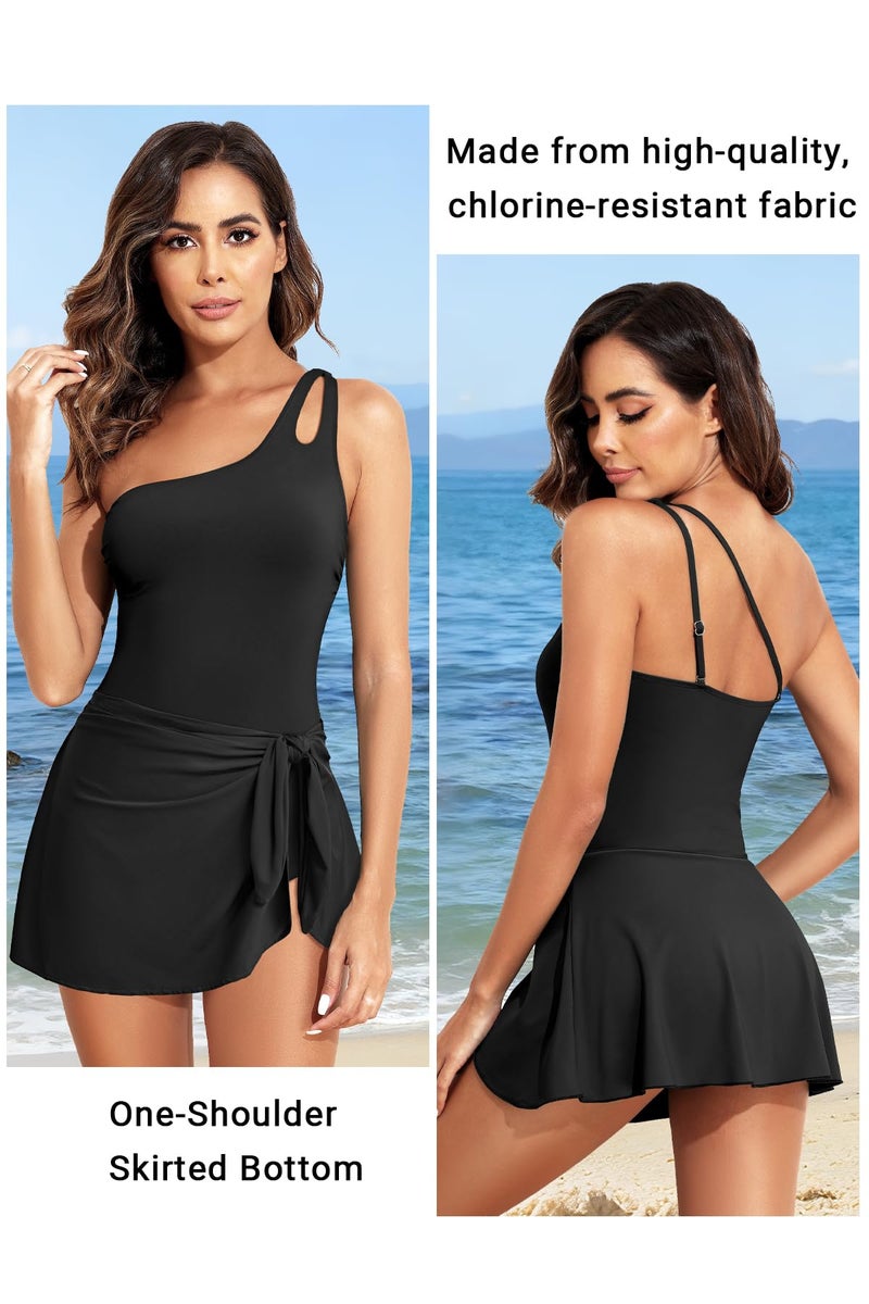 Daci One Piece Swim Dress - Women One Shoulder Tummy Control Swimsuit with Skirt 2025 Skirted Bathing Suit Swimdress Black M - Image 3