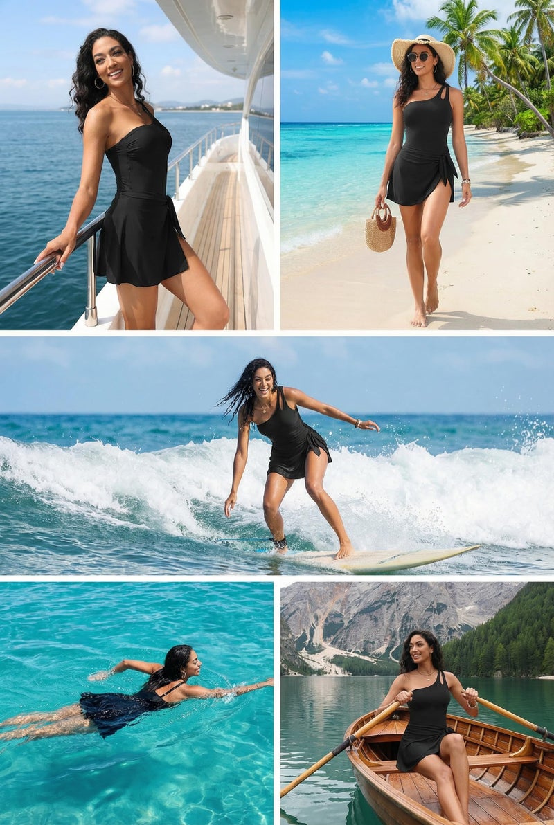 Daci One Piece Swim Dress - Women One Shoulder Tummy Control Swimsuit with Skirt 2025 Skirted Bathing Suit Swimdress Black M - Image 2