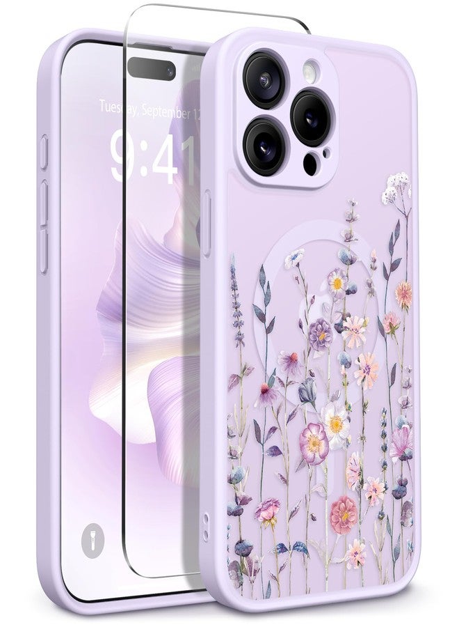 GVIEWIN Magnetic Compatible with iPhone 15 Pro Max Case, Compatible with MagSafe,with 2X Screen Protector, Full Camera Protection Floral Translucent Matte Back Shockproof Cover, Floratopia/Colorful - Image 1