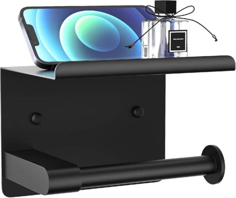 Toilet Paper Holder,Self Adhesive Toilet Roll Holder for Bathroom,Rustproof Stainless Steel Tissue Roll Holder with Shelf Wall Mount for Kitchen,Washroom,Bathroom (Black)