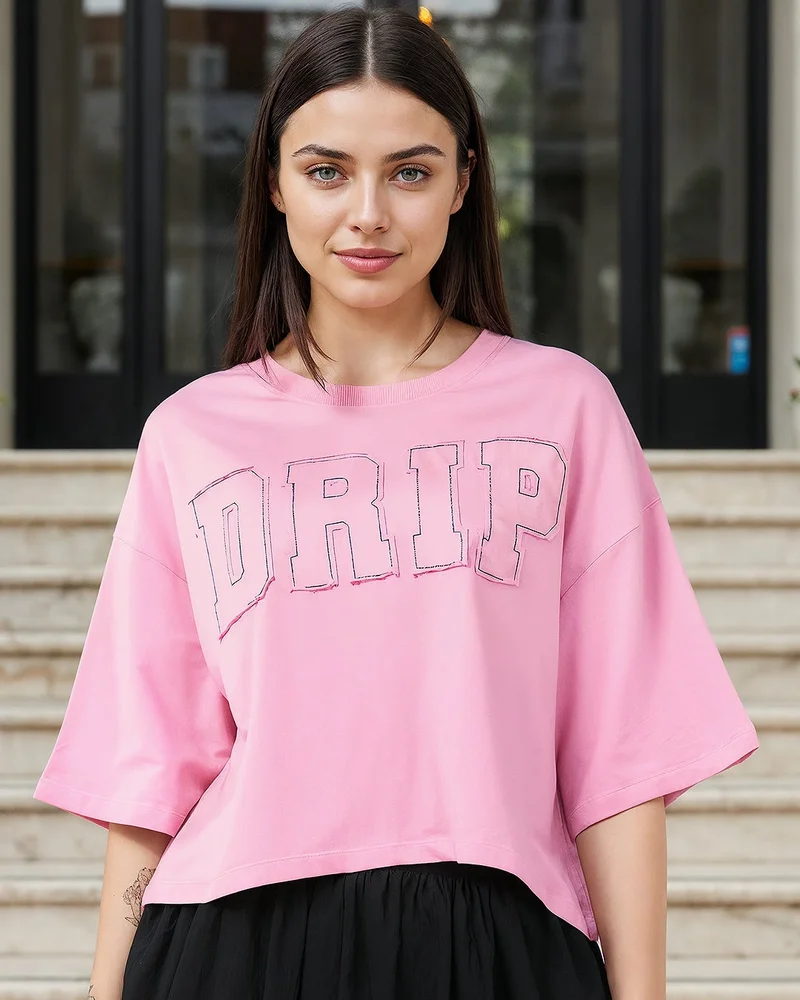 bewakoof Women's Pink Drip Applique Oversized Crop T-shirt