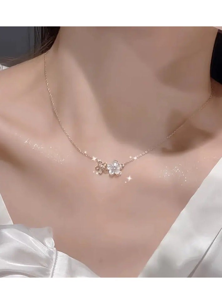 Goolsky Elegant Cherry Blossom Pendant Necklace for Women – Delicate Rose Golden Collarbone Chain with White Pearlescent Flower & Gemstone Accents, Perfect for Parties, Holidays, and Casual Attire, Cherry Blossom Themed Items - Image 3